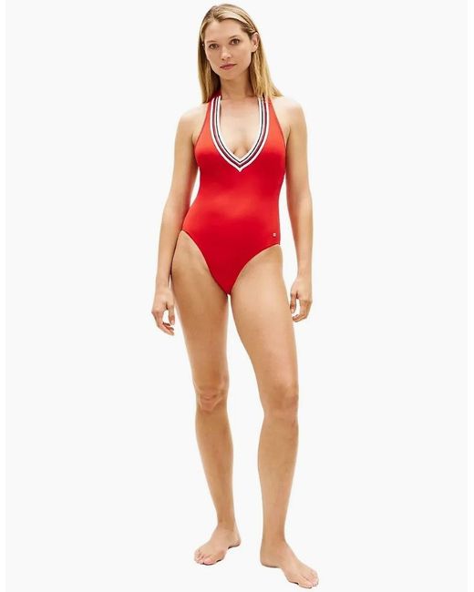 Tommy Hilfiger Red Global Stripe Halterneck Swimsuit, Fireworks