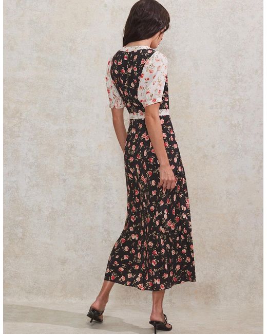 Ro&zo Black Contrast Rose-Print Puff-Sleeve Midi Dress