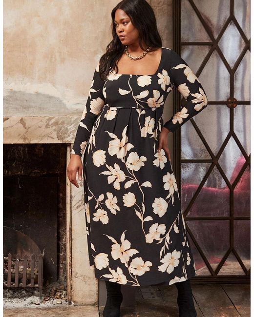 Live Unlimited London Brown Floral Square Neck Midaxi Dress