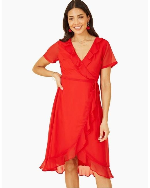 Yumi' Red Frill V-Neck Midi Wrap Dress