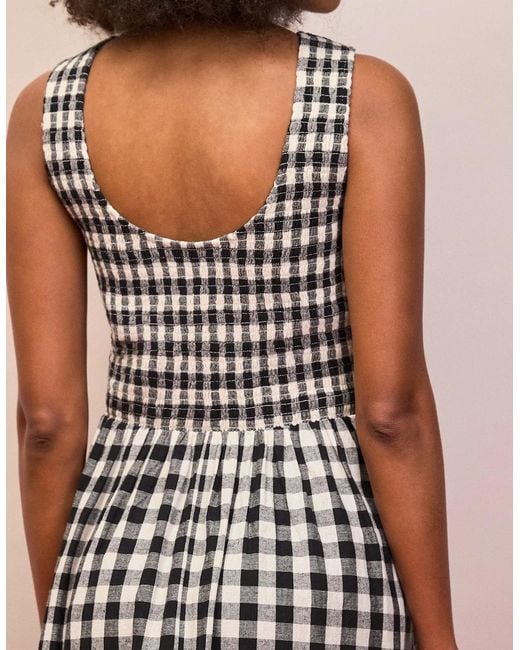 Ro&zo White Mono Gingham Cotton And Linen-Blend Shirred Midi Dress