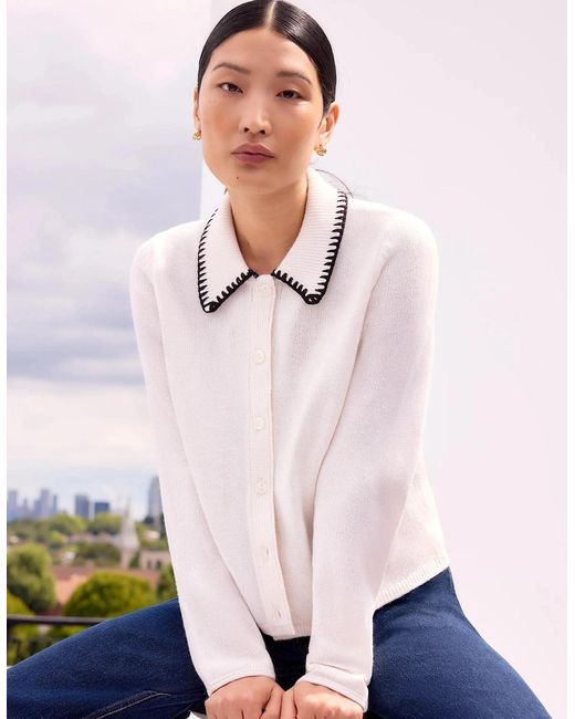 Ro&zo White Ivory Contrast-Stitch Collared Cardigan With Wool