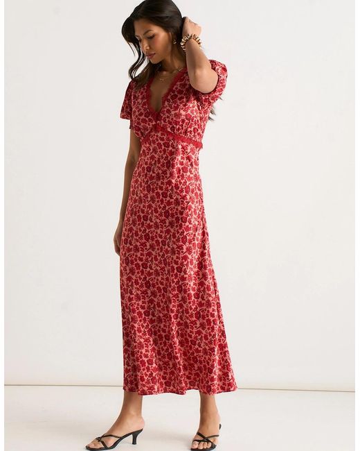 Gini London Red Floral Lace Trim V Neck Midi Dress
