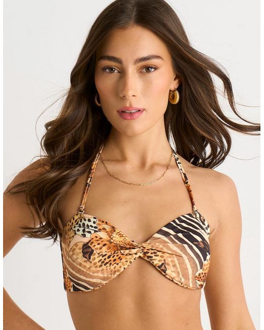 Gini London Natural Animal Floral Print Twist Front Bikini Top