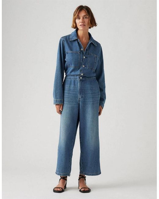 Levi's Blue Levi's Iconic Collared Neck Long Sleeve Solid Patterned Jumpsuit