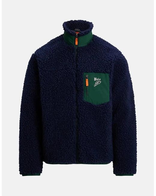 Ralph Lauren Blue Wool Borg Logo Sherpa Zip Through Fleece Cruise for men