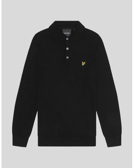 Lyle & Scott Black Merino Blend Long Sleeve Polo Shirt for men