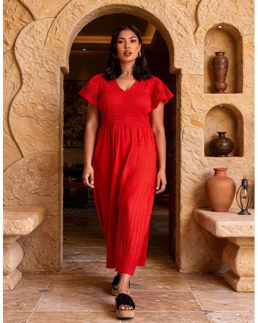 Live Unlimited London Shirred Broderie Cotton Midi Dress