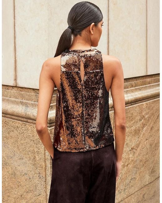 Ro&zo Brown Sequin Halter Neck Top