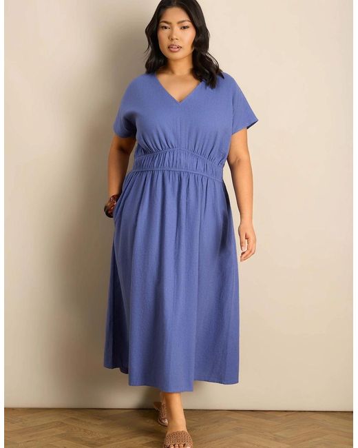 Live Unlimited London Blue Petite Linen Blend V-Neck Waist Detail Midaxi Dress
