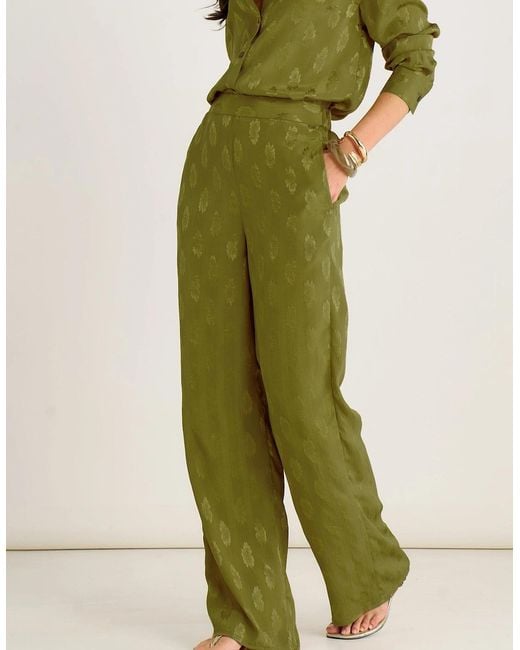 Gini London Green Khaki Floral Satin Jacquard Trousers