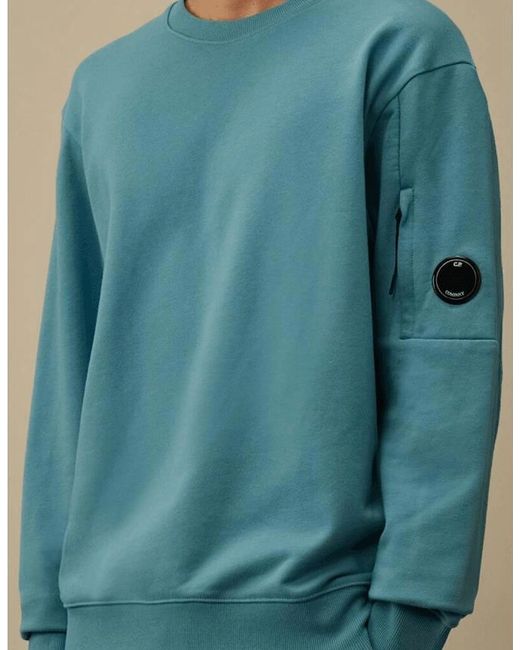 C P Company Blue Cotton Lens Logo Crew Neck Turqoise Sweatshirt for men