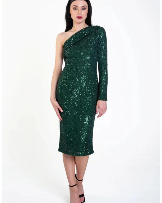 Gini London Green One Shoulder Draped Sequin Midi Dress