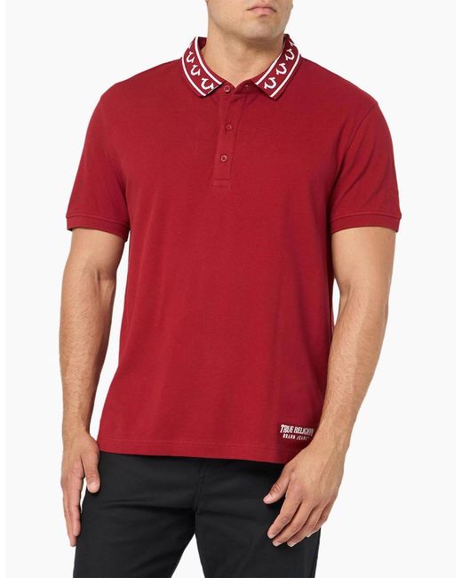 True Religion Red Polo Shirt Relaxed Fit Branded Collar Ss Pique Polo Shirts for men