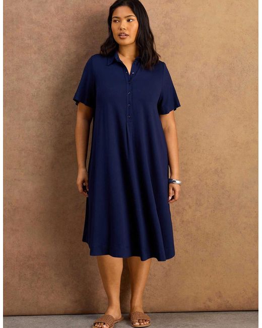 Live Unlimited London Blue Half Placket Jersey Midi Shirt Dress