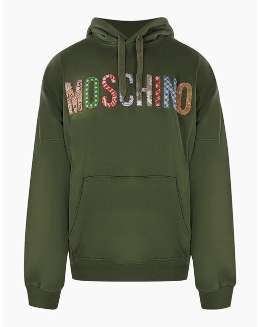 Moschino Green Bold Embroidered Multicolour Logo Hoodie for men