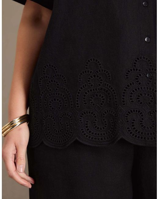 Live Unlimited London Black Linen Blend Broderie Shirt