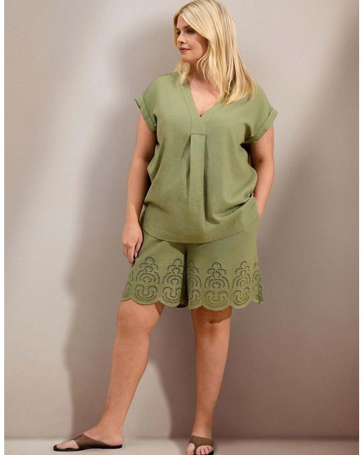 Live Unlimited London Green Linen Blend Broderie Shorts