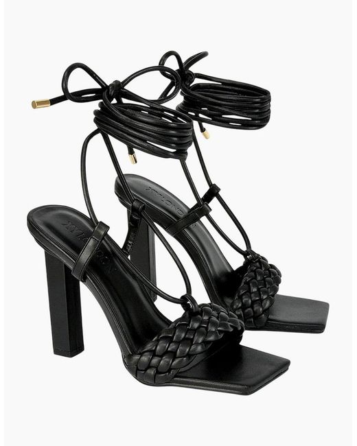 XY London Black Ladies Mira Strappy Square Toe Lace Up Block Heel High Heels