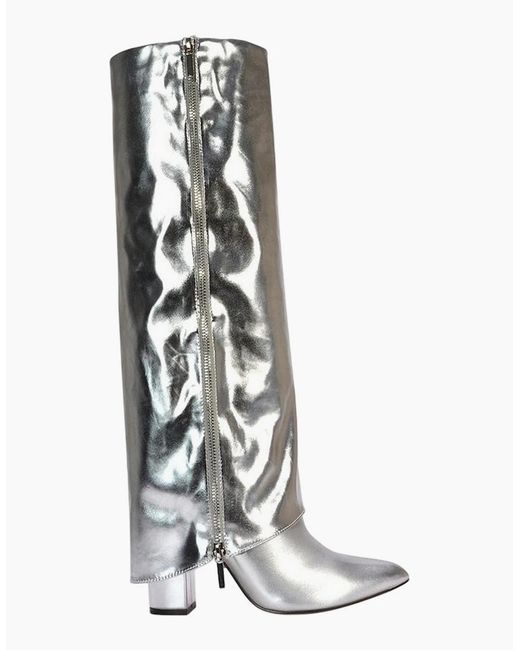 XY London White Ladies Allie Fold Over Metallic Pointed Side Zip Knee-High Boots