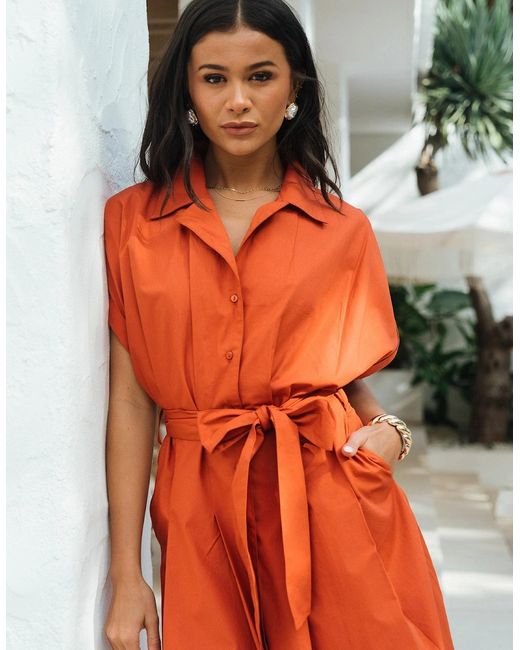 Gini London Orange Rust Cotton Button Through Belted Shirt Dress