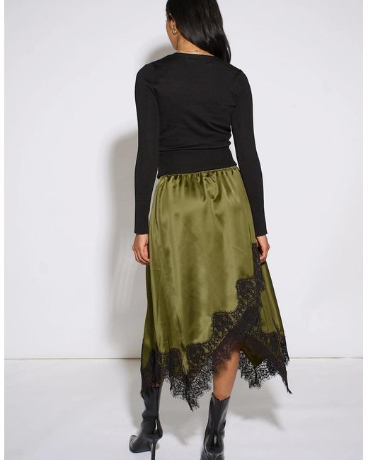 Gini London Natural Khaki Satin Asymmetric Hem Contrast Lace Skirt