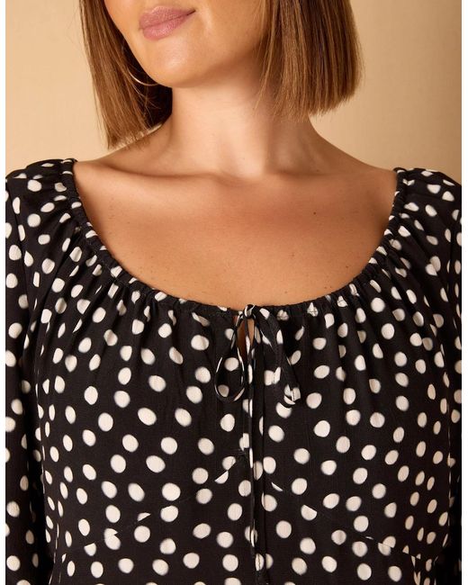 Live Unlimited London Black Spot Scoop Neck Shirred Sleeve Dress