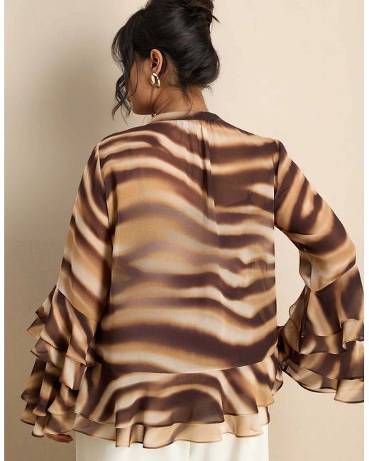 Live Unlimited London Brown Abstract Print Ruffle Blouse