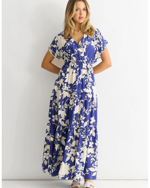 Gini London Blue Floral Elastic Waist Maxi Dress