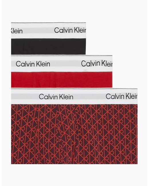 Calvin Klein Red 3-Pack Icon Emblem Print Low-Rise Boxer Trunks, Emblem Dark Berry Adrenaline Rush for men