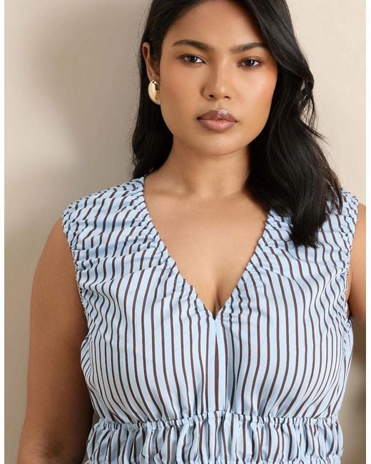 Live Unlimited London Blue And Chocolate Stripe V Neck Elasticated Peplum Top