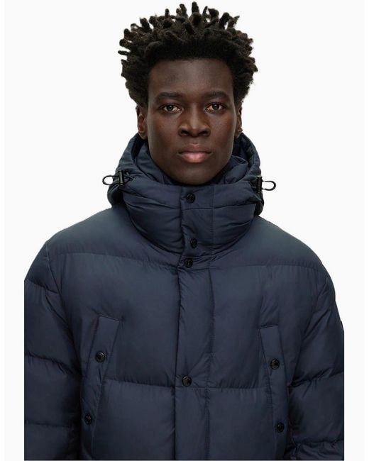 Boss Blue Solid Patterned Hooded Puffer Coat for men