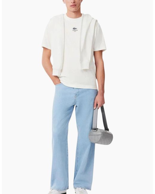 Lacoste White T Shirts Th2739 Signature Print Classic Fit Crew Neck Summer Tee for men