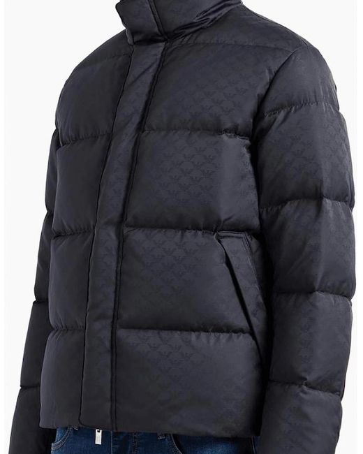 Emporio Armani Blue Quilted Puffer Jacket With All-Over Jacquard Eagle for men