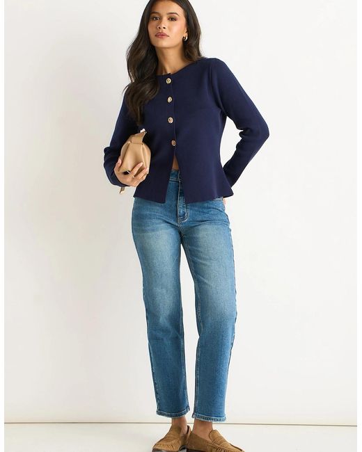 Gini London Blue Buttons Ribbed Knit Cardigan