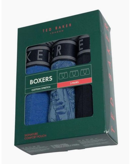 Ted Baker Blue 3-Pack Floral Print Boxer Briefs, Mazarine for men