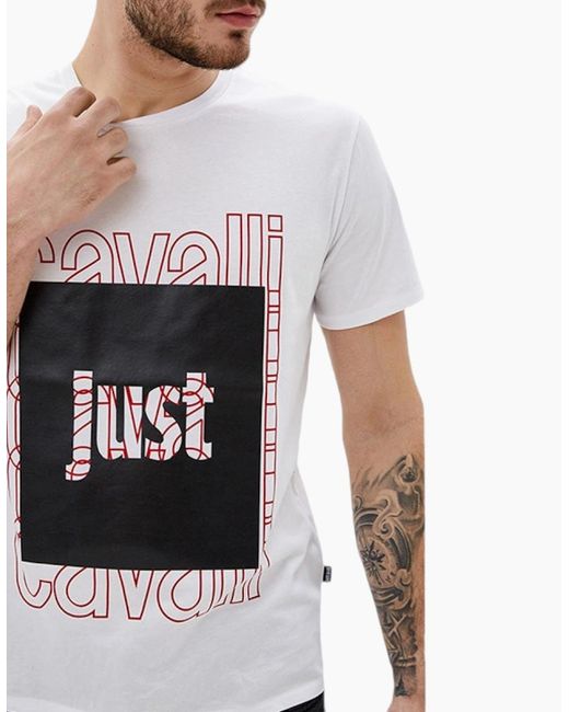 Just Cavalli White S01Gc0513 T-Shirt Print Short Sleeve Tops Cotton Tee for men