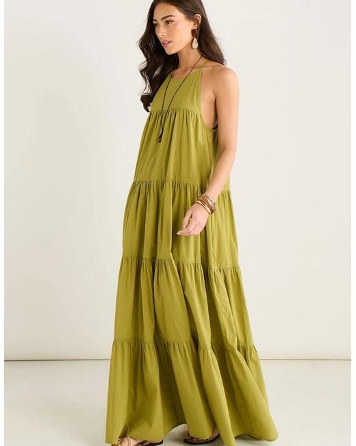Gini London Yellow Khaki Tiered Halter Maxi Trapeze Dress