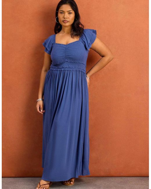 Live Unlimited London Blue Smocked Crinkle Flutter Sleeve Midaxi Dress