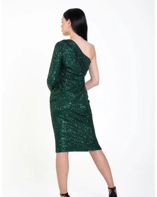 Gini London Green One Shoulder Draped Sequin Midi Dress