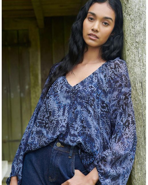 Ro&zo Blue Voluminous Animal Blouson Sleeve Blouse