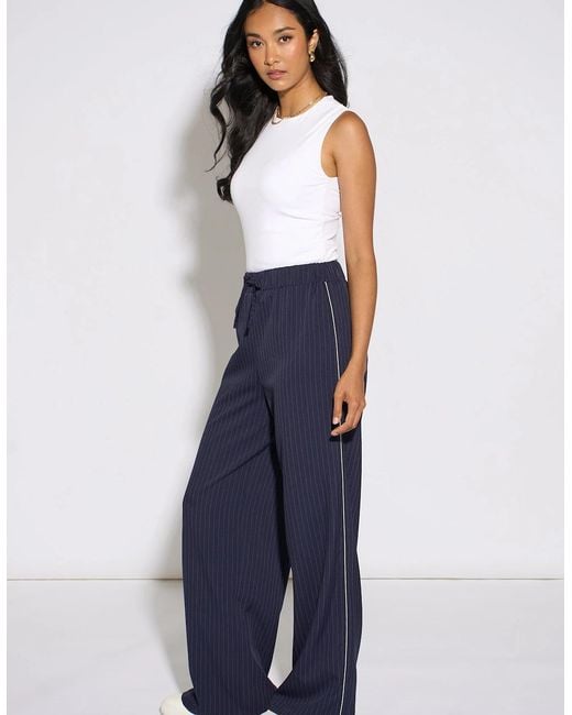 Gini London Blue Drawstring Pinstripe Wide Leg Jogger