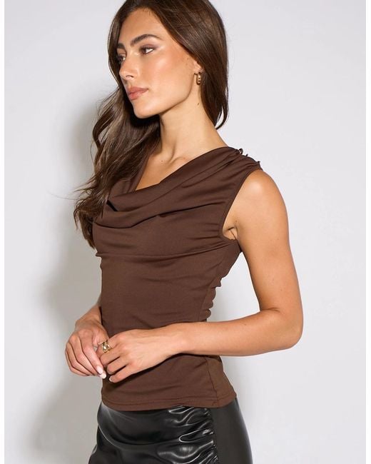 Gini London Brown Button Shoulder Cowl Neck Top