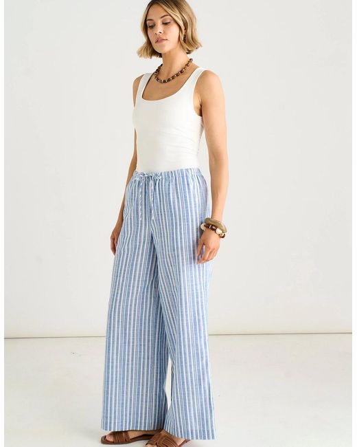 Gini London Blue Cotton And Linen Blend Stripe Trousers