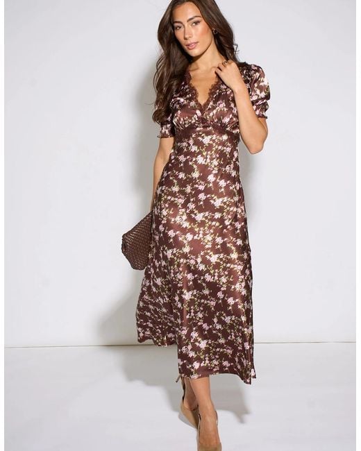 Gini London Natural Satin Floral Lace Midi Dress