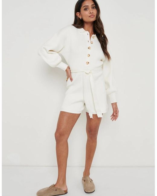 Pretty Lavish White Darcie Balloon Sleeve Knit Playsuit