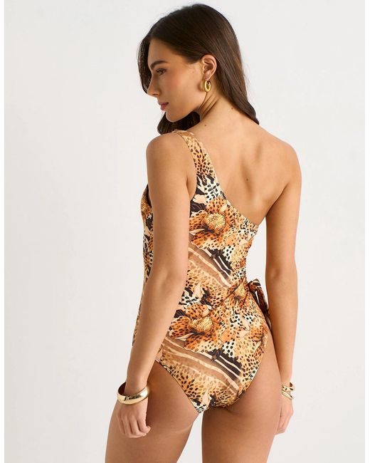 Gini London Brown Animal Floral Cutout One Shoulder Swimsuit