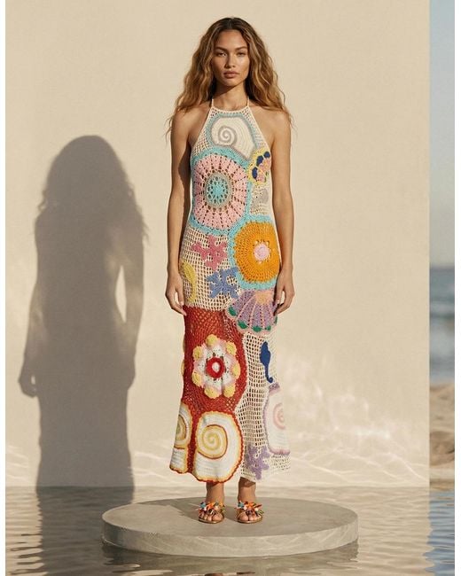 Oceanus White Kaia Crochet Coral Multi Maxi Dress