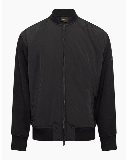 Boss Black Solid Patterned Bomber Jacket With Ribbed Cuff for men