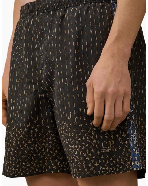 C P Company Black Flatt Nylon Sashiko Print Swim Shorts for men